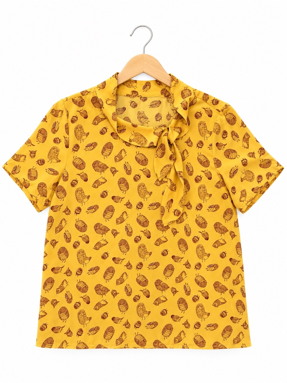 ModCloth Owl Print Bow Neck Blouse Yellow XL Whimsical Retro Academic Preppy